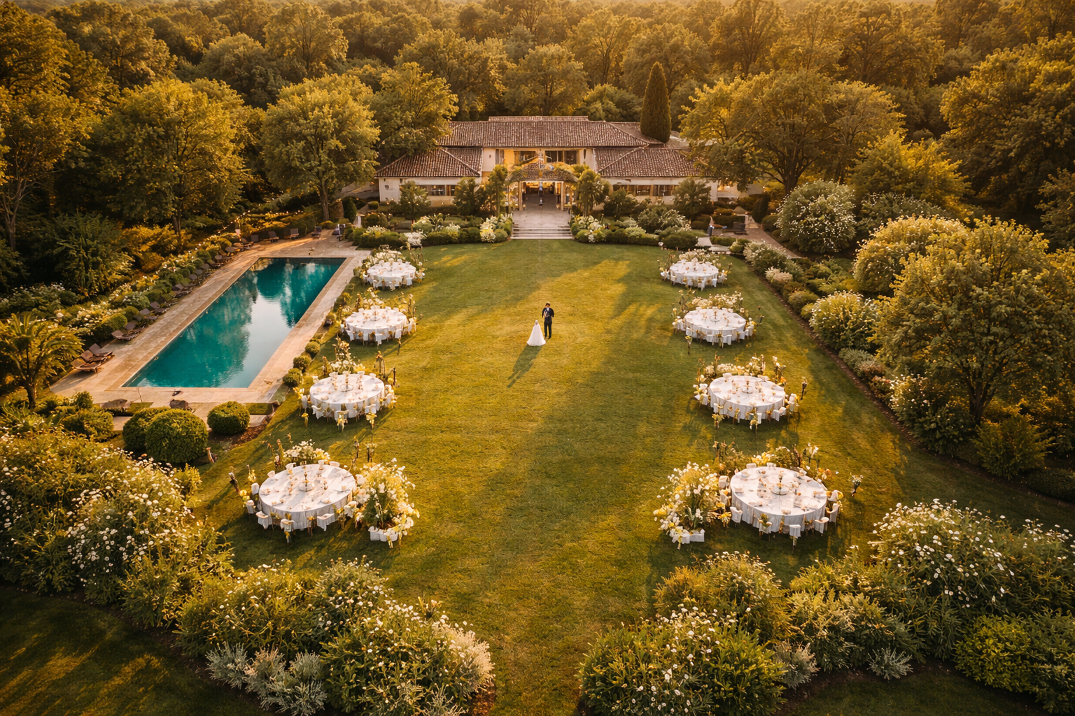 Vista aérea de fazenda com jardim piscina e casal de noivos no centro ao entardecer