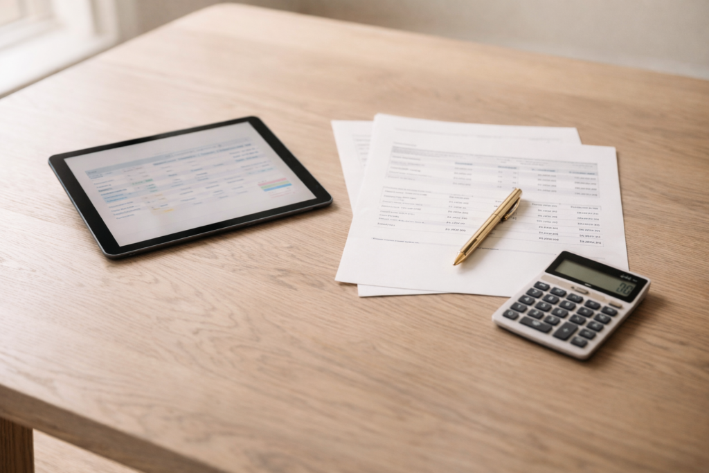 Mesa de escritório com tablet papéis de orçamento e calculadora para comparar preços de drone
