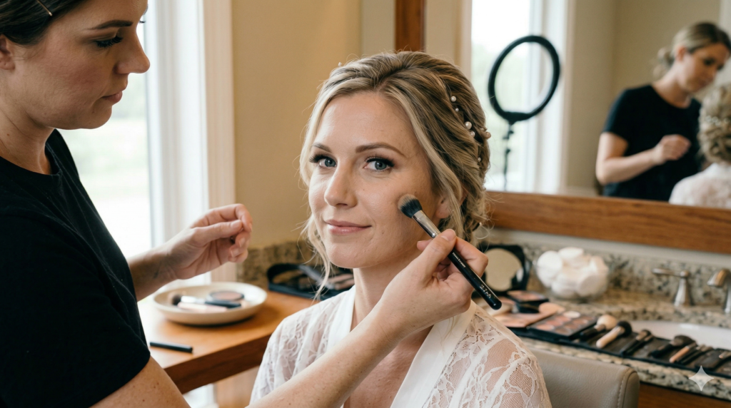 noiva em teste de maquiagem de noiva 2026 com maquiadora profissional antes do casamento