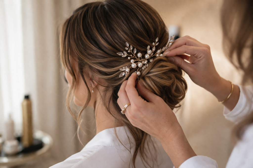 noiva em teste de penteados de noiva 2026 com profissional ajustando detalhe do coque