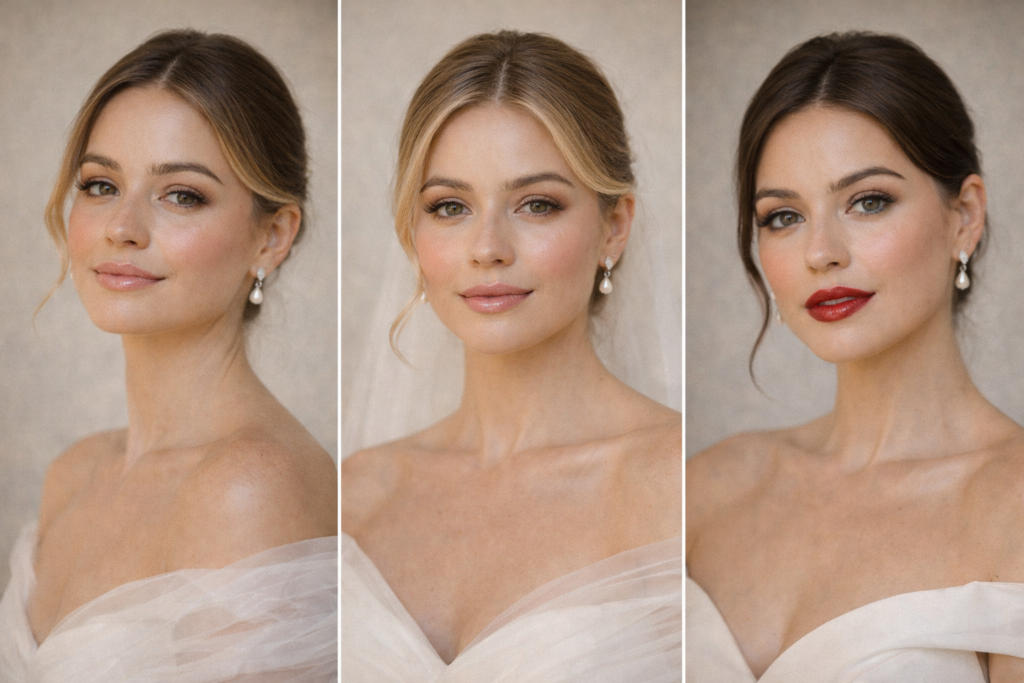 estilos de maquiagem de noiva 2026 natural clássica e glamour comparação