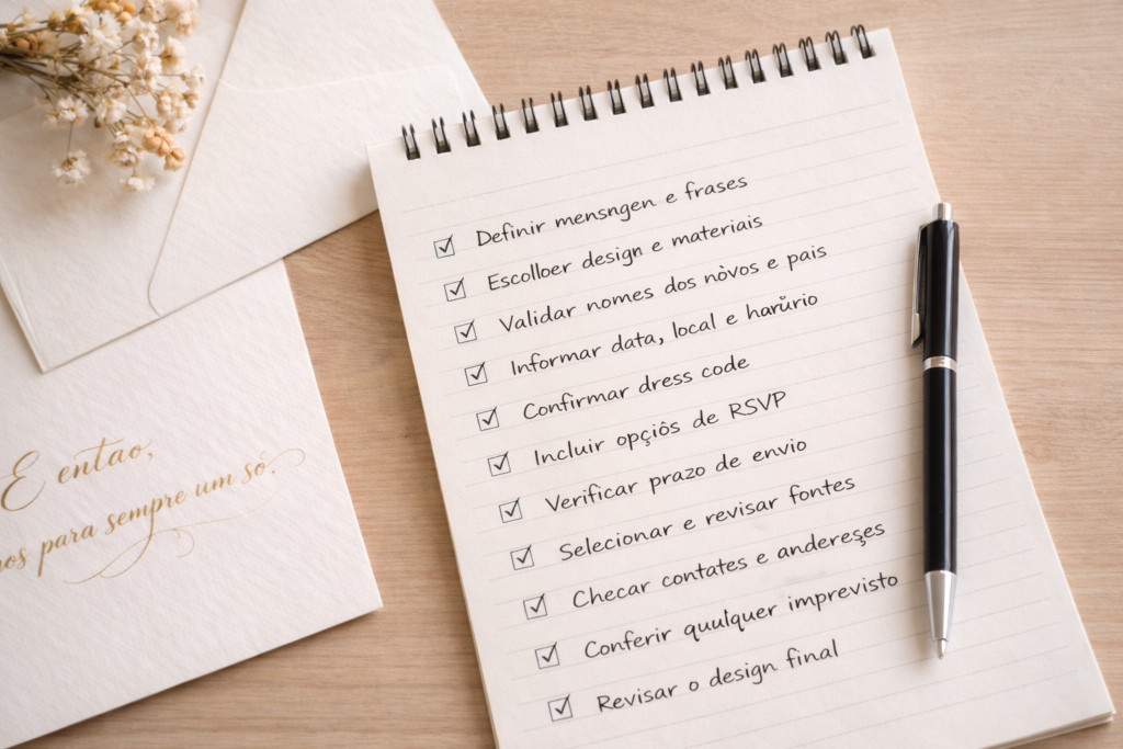 checklist de convite de casamento sobre mesa com caneta e bloco de notas