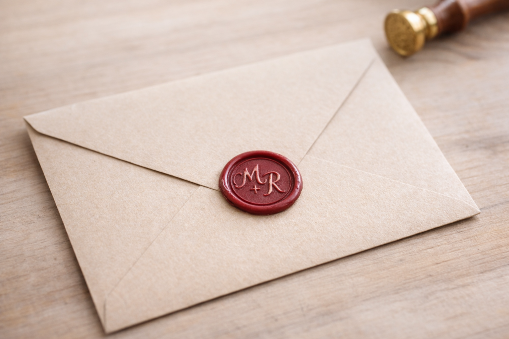 envelope de convite de casamento com lacre de cera e monograma dos noivos
