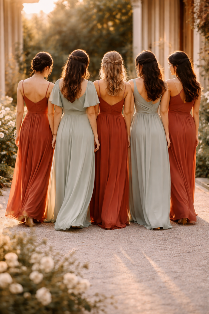 grupo de madrinhas com looks coordenados caminhando em corredor elegante de casamento em 2026