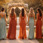 grupo de madrinhas com looks coordenados caminhando para o altar em casamento ao ar livre