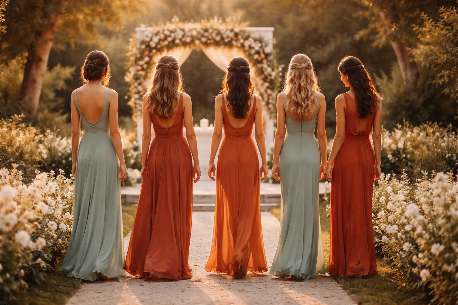 grupo de madrinhas com looks coordenados caminhando para o altar em casamento ao ar livre