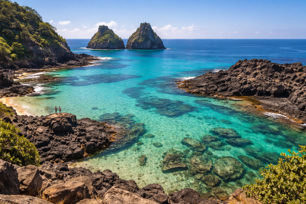 Vista da Baía dos Porcos em Fernando de Noronha com formações rochosas e água turquesa