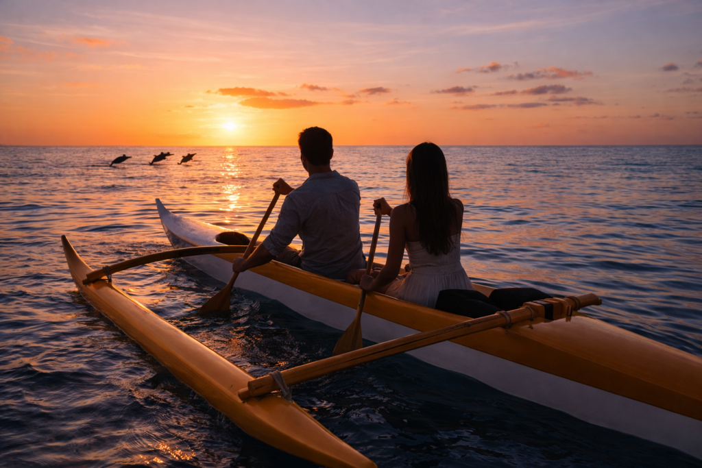 Casal em canoa havaiana ao entardecer em Fernando de Noronha com golfinhos ao fundo