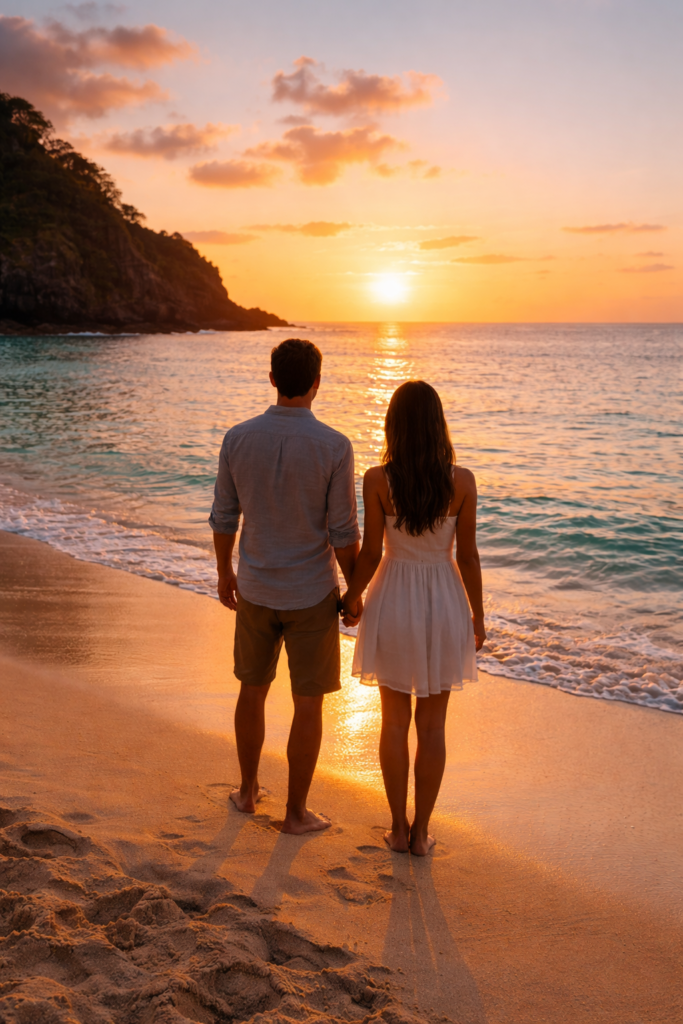 Casal em lua de mel de frente para o mar em Fernando de Noronha ao pôr do sol
