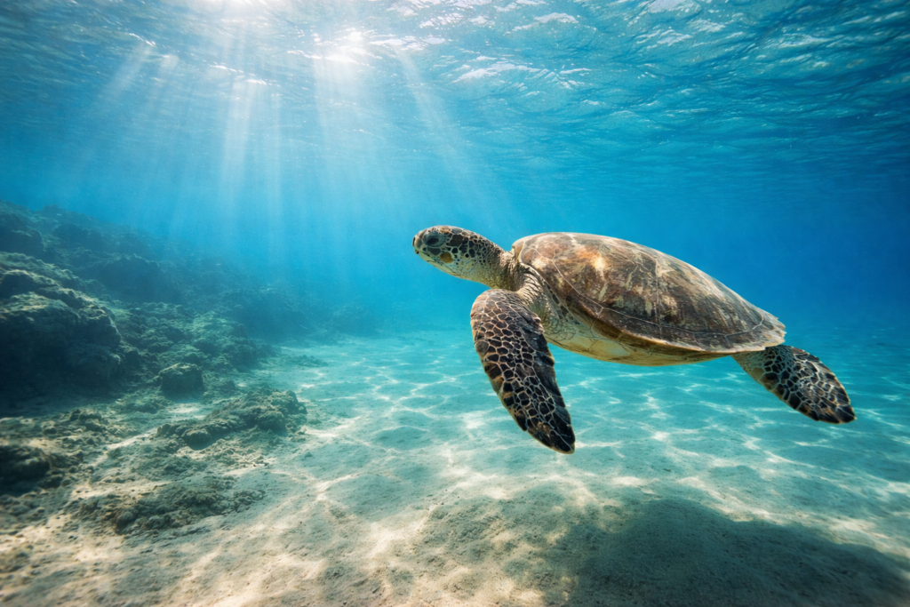 Casal mergulhando ao lado de tartaruga marinha na Baía do Sueste, Fernando de Noronha