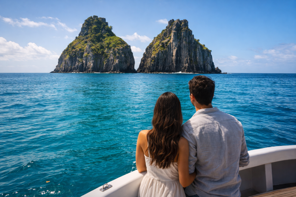 Vista do Morro Dois Irmãos a partir do mar durante passeio de barco em Fernando de Noronha