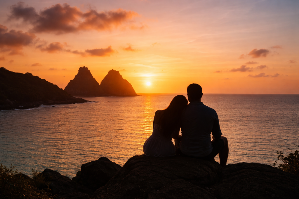 Casal assistindo ao pôr do sol no Mirante do Boldró com Morro Dois Irmãos ao fundo, Fernando de Noronha
