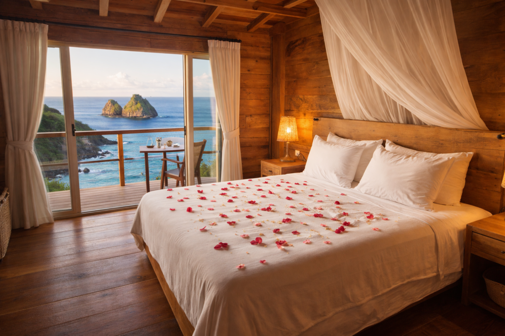 Quarto de pousada romântica em Fernando de Noronha com vista para o mar e decoração aconchegante