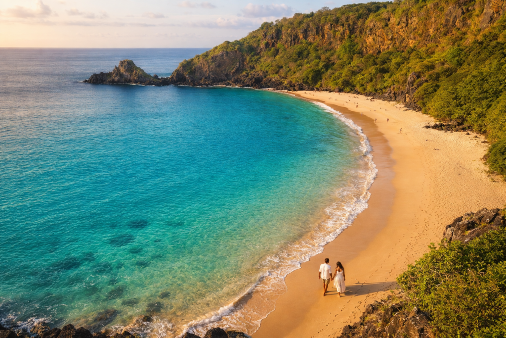 Casal em lua de mel na Praia do Sancho, Fernando de Noronha, com água turquesa ao fundo