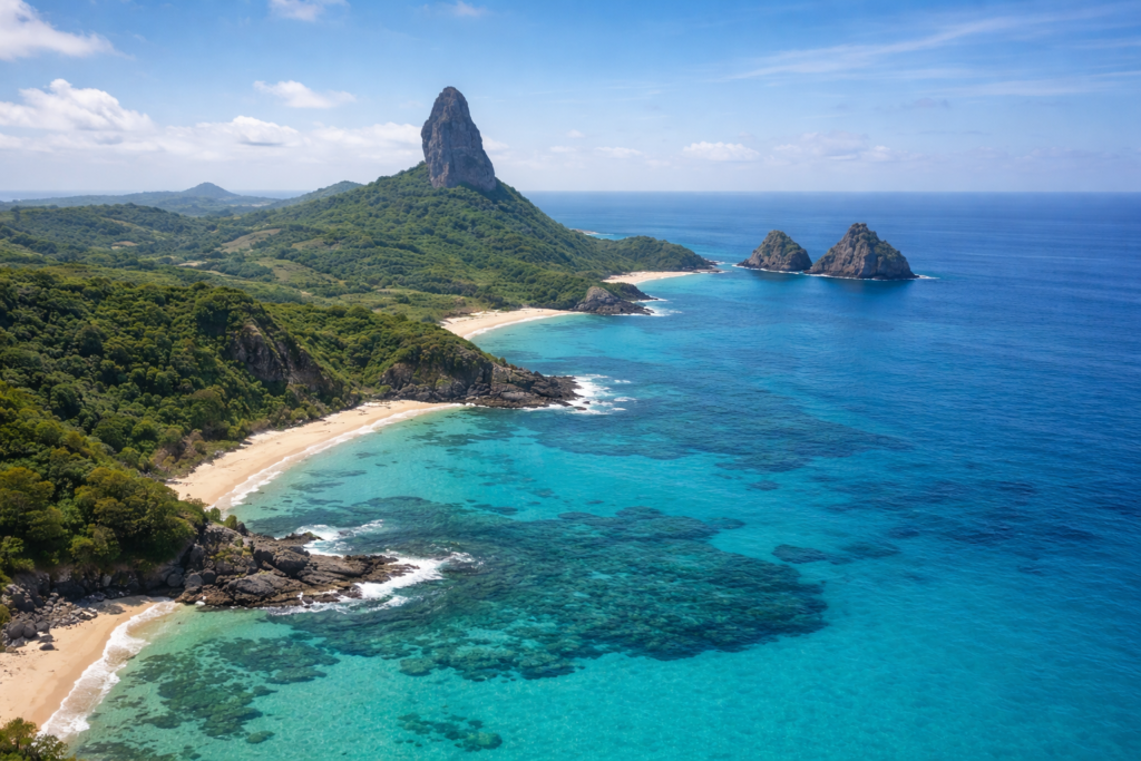 Vista aérea do arquipélago de Fernando de Noronha com praias e mar turquesa ao redor