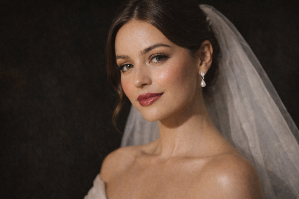 maquiagem de noiva 2026 para casamento à noite glamour moderno lábio marcado e pele acetinada