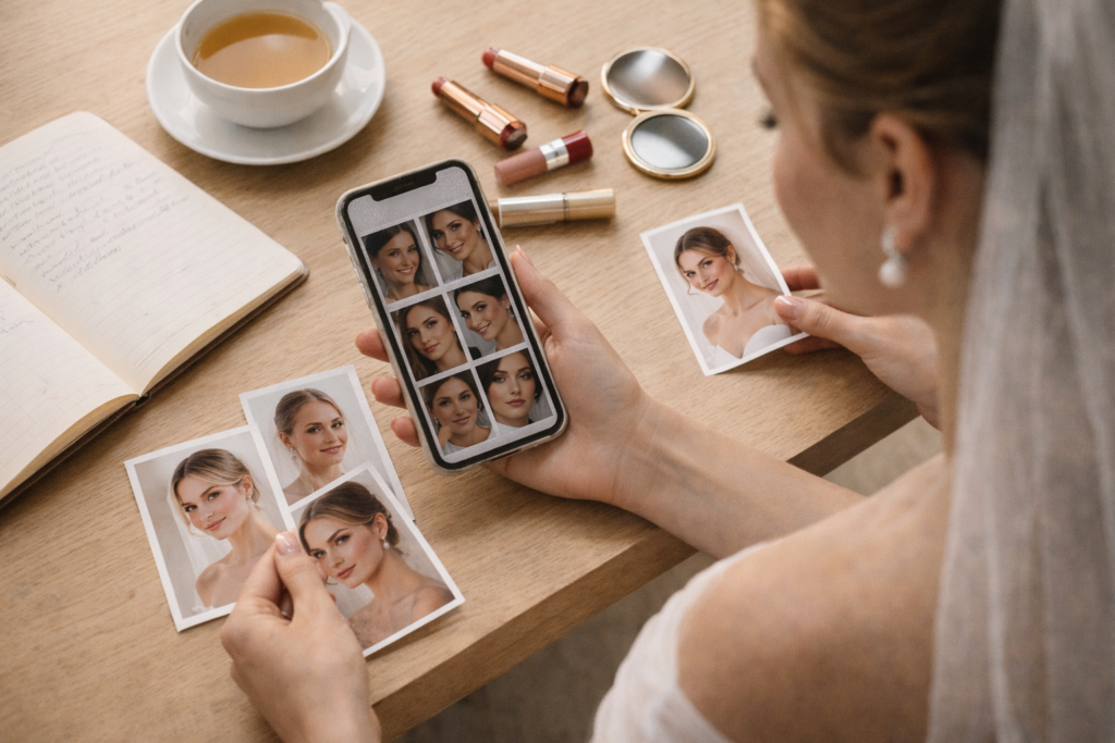 noiva em teste de maquiagem de noiva 2026 com maquiadora profissional antes do casamento