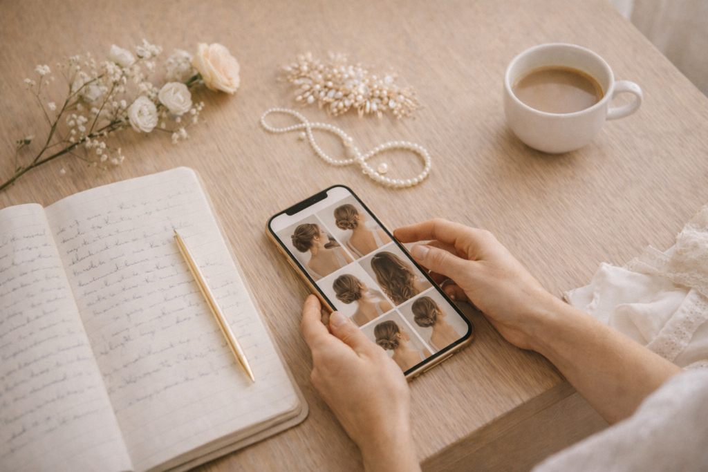 noiva salvando referências de penteados de noiva 2026 no celular para mostrar ao profissional