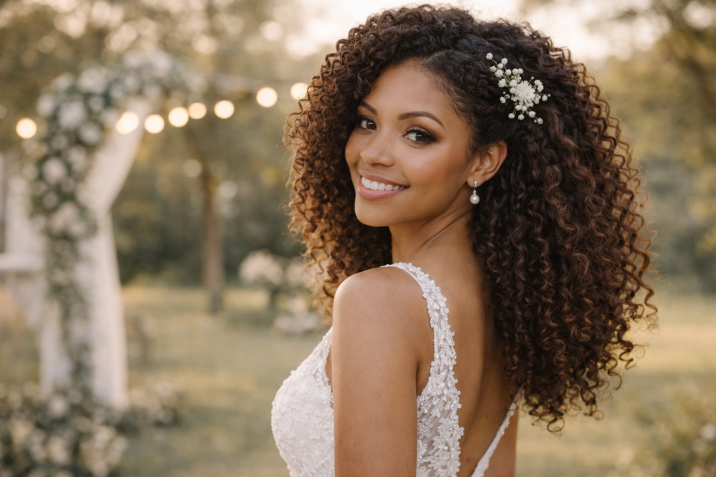 noiva com penteado de noiva 2026 natural sorrindo na cerimônia dia do casamento