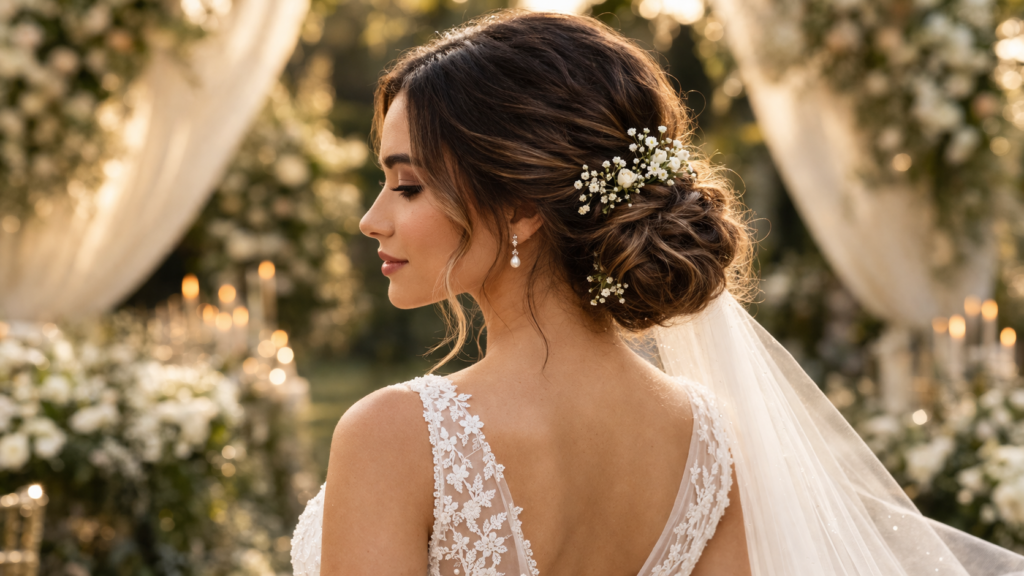 penteados de noiva 2026 tendências estilos coque baixo natural com véu e flores