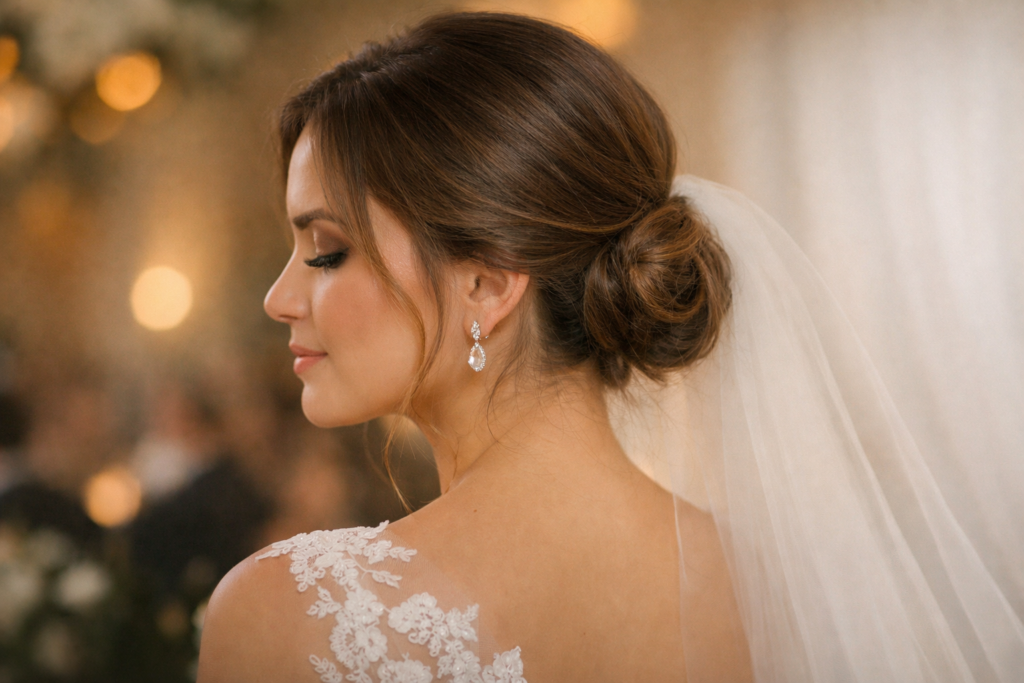 penteados de noiva 2026 coque baixo natural com mechas soltas em cerimônia