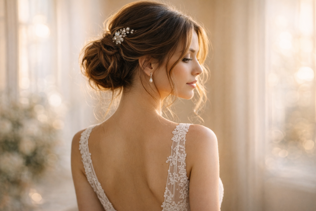 penteados de noiva 2026 coque baixo desconstruído com mechas soltas emoldurando o rosto