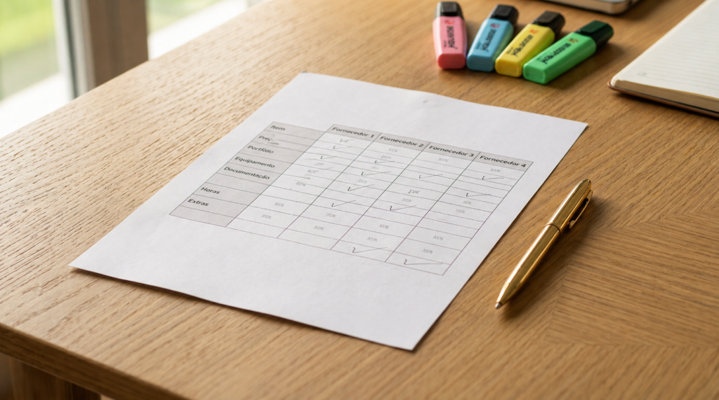 Planilha impressa com critérios de comparação de fornecedores sobre mesa com caneta dourada