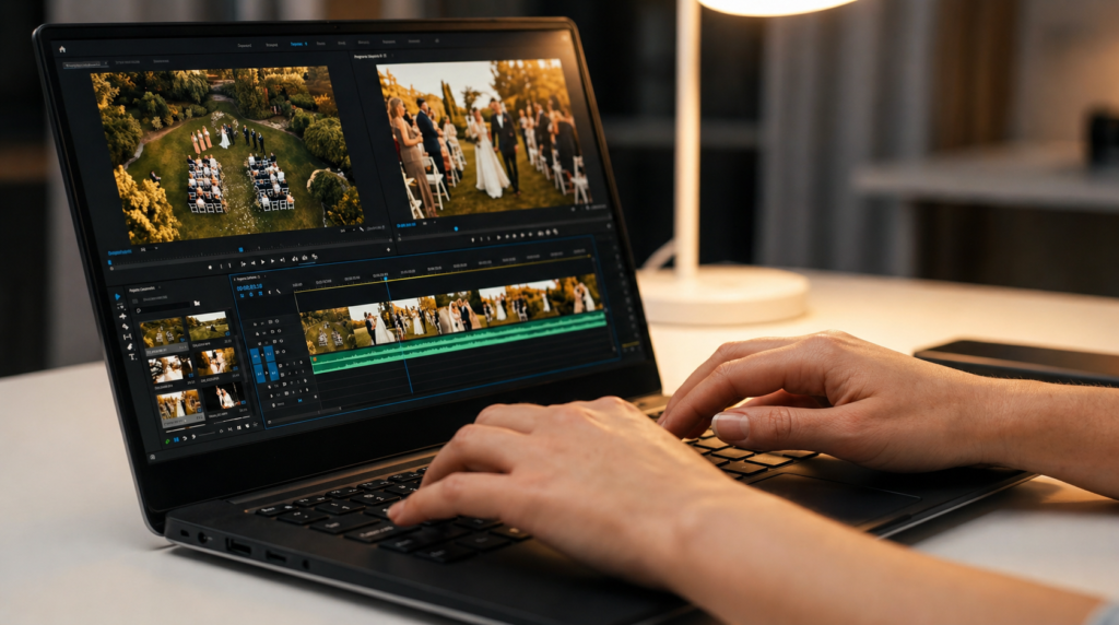 Mãos editando vídeo de casamento em notebook com imagens aéreas na tela