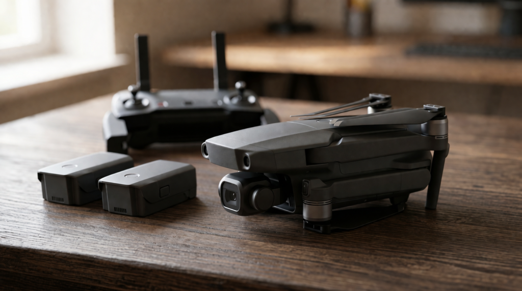 Drone profissional DJI dobrado sobre superfície de madeira com acessórios ao redor