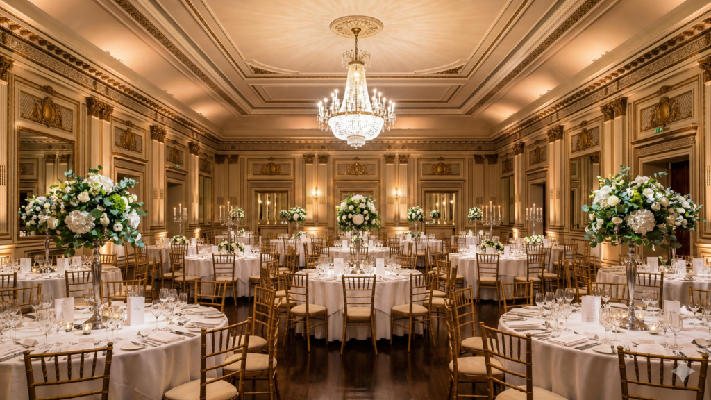 Interior de salão de festas fechado com lustre e mesas montadas sem janelas externas
