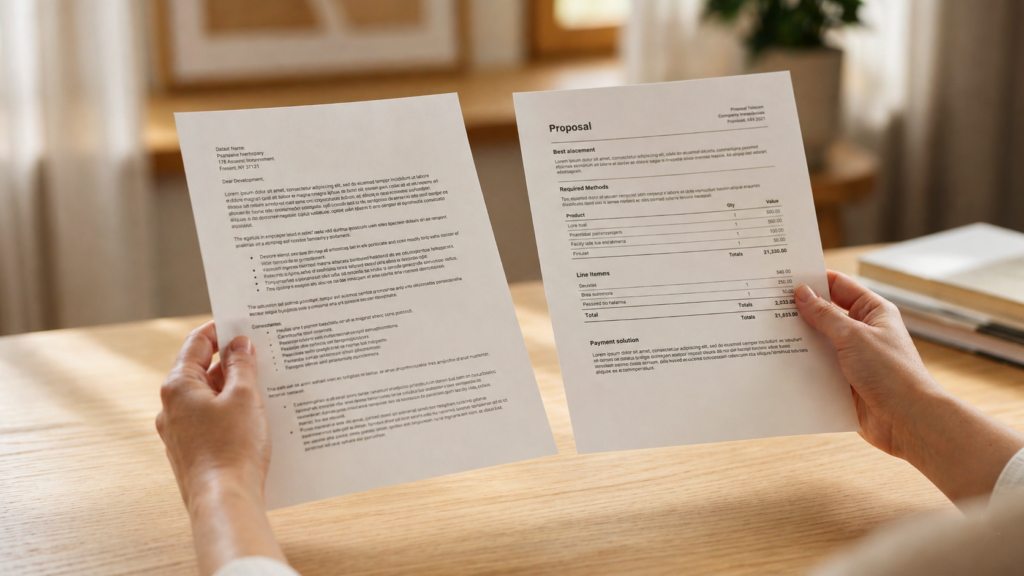 Mãos segurando dois papéis de orçamento comparando propostas de drone para casamento