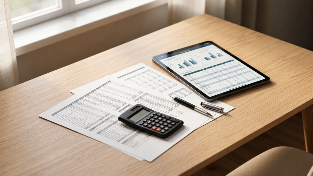 Mesa com papéis de orçamento, tablet e calculadora para comparar preços de drone para casamento