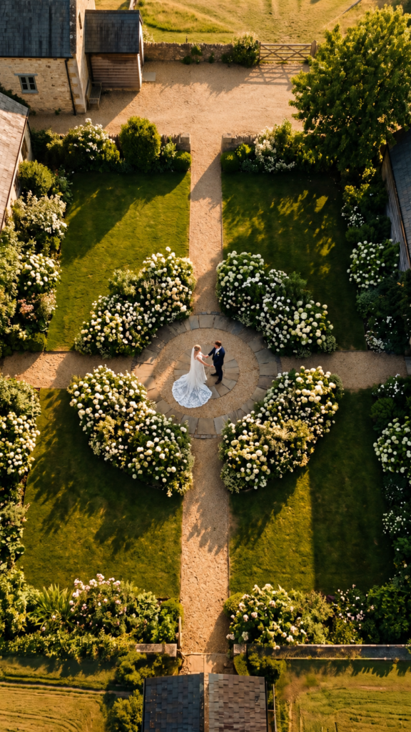 Quanto custa drone no casamento com casal de noivos visto de cima em jardim de fazenda rodeados de flores brancas ao entardecer