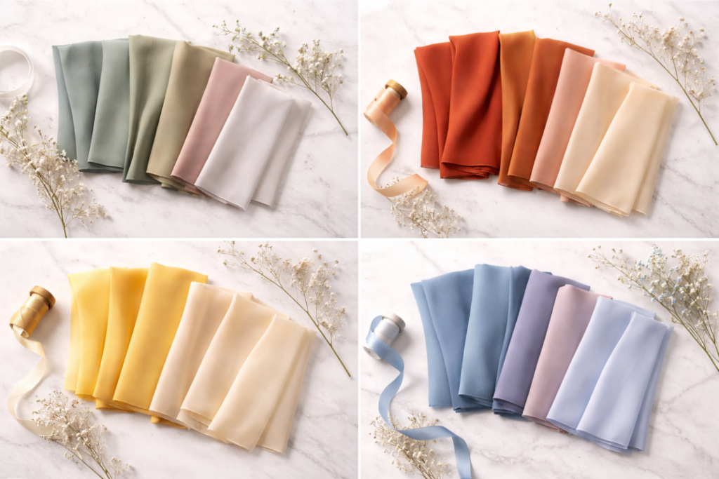 amostras de tecido em quatro paletas de cores diferentes para coordenar looks de madrinhas de casamento