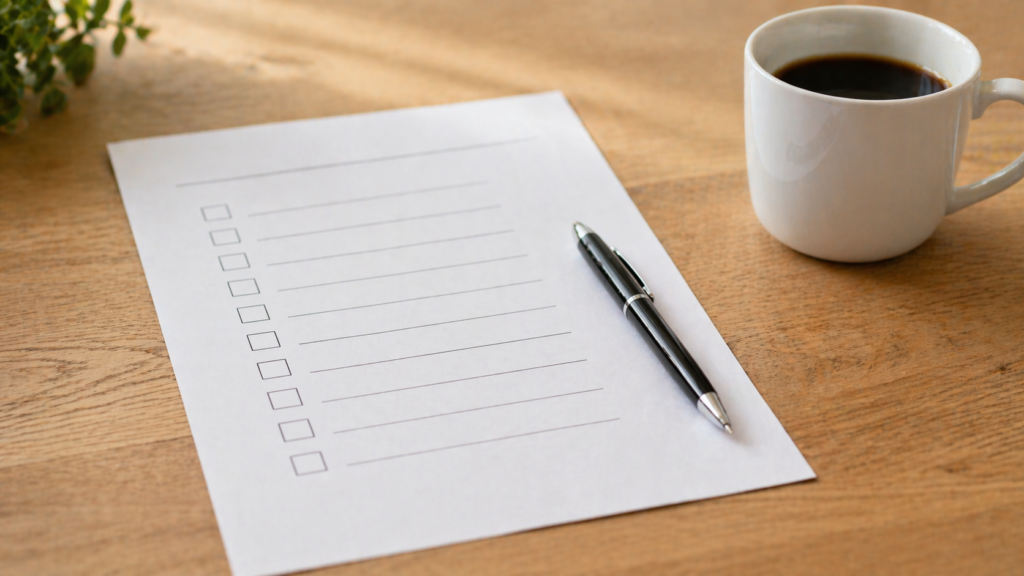 Checklist impresso sobre mesa com caneta e xícara de café ao lado representando planejamento de casamento