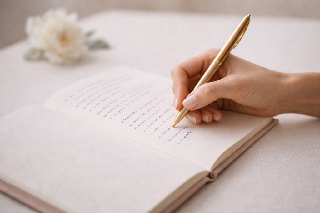 mão de noiva escrevendo anotações de roteiro musical em caderno de planejamento de casamento