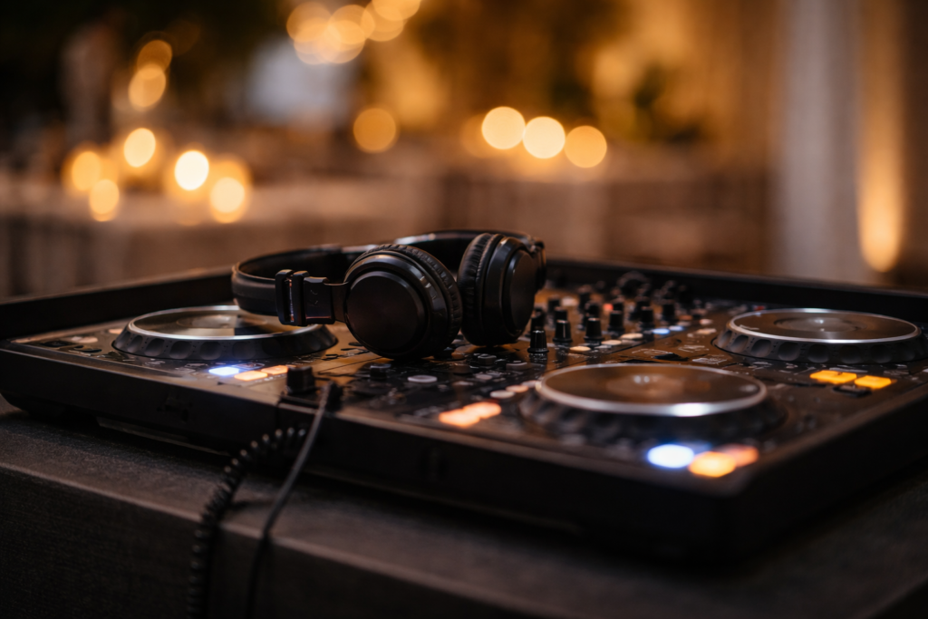 cabine de DJ com fones de ouvido sobre mesa e controlador, sem ninguém, durante cerimônia