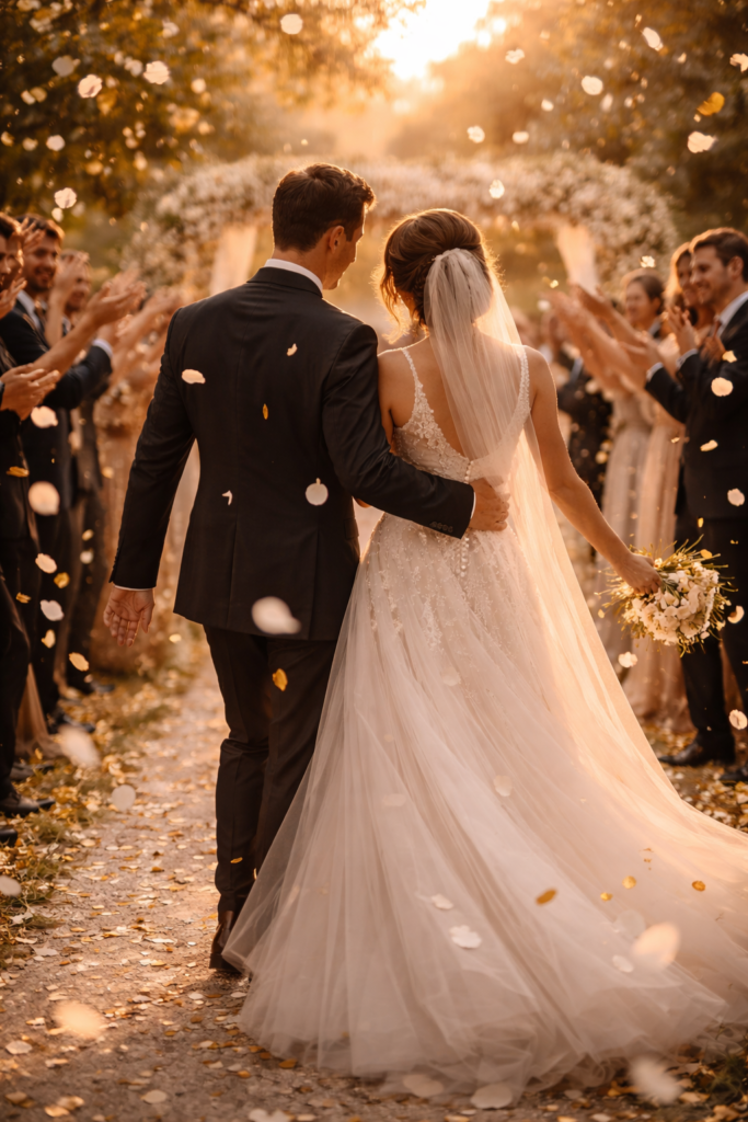 casal saindo da cerimônia de casamento entre confetes e pétalas com roteiro musical encerrado