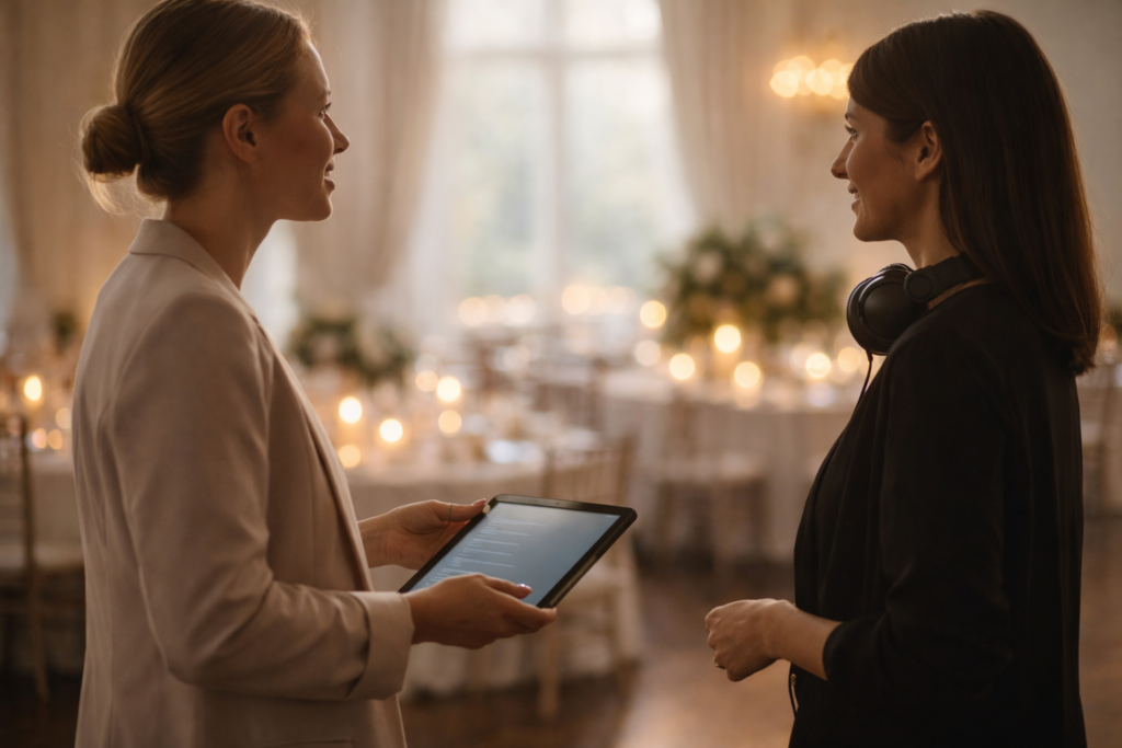 cerimonialista e DJ em conversa de alinhamento antes da cerimônia de casamento, perfil