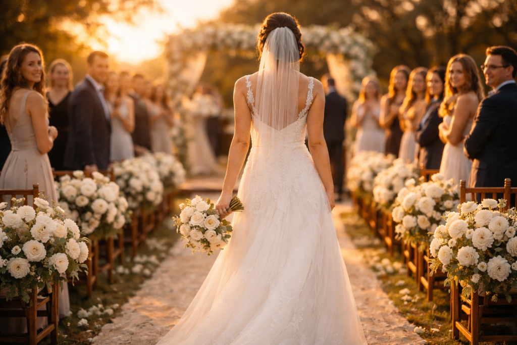 roteiro musical para casamento com noiva caminhando pela nave da cerimônia ao anoitecer