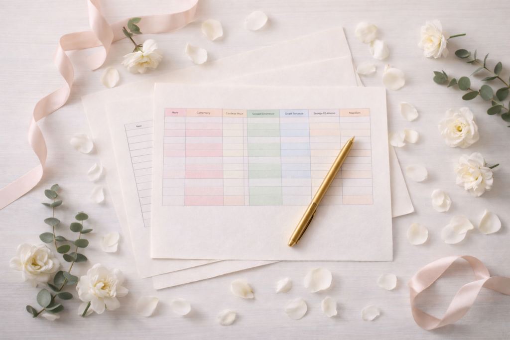 flat lay de planejamento de casamento com roteiro impresso, flores brancas, caneta e pétalas