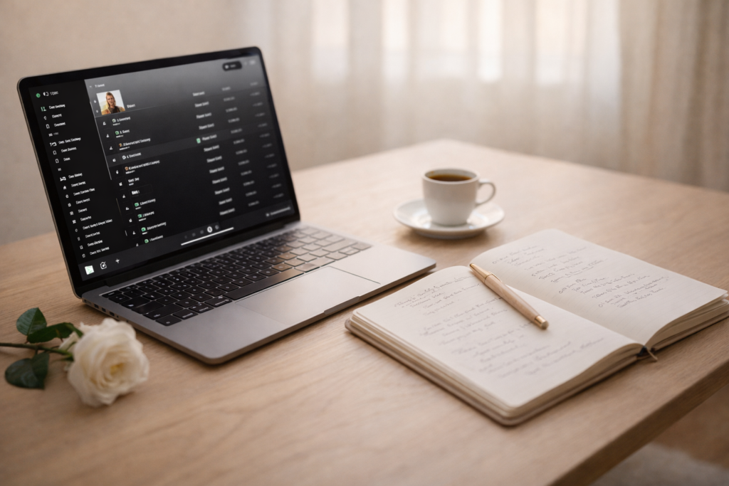 mesa de planejamento de casamento com notebook aberto mostrando playlist e caderno de anotações