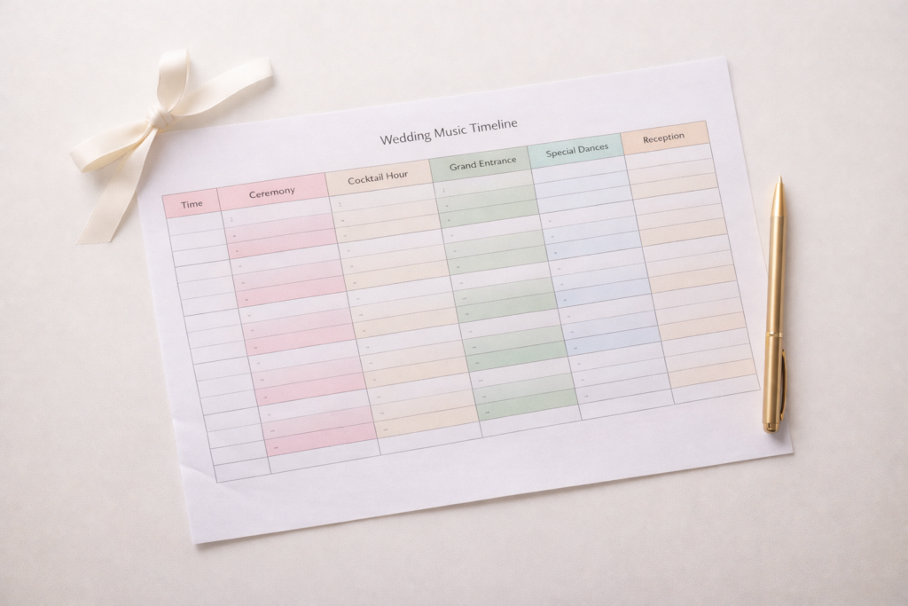 planilha impressa do roteiro musical do casamento sobre mesa branca com caneta ao lado