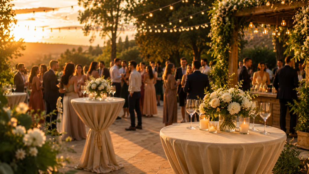 coquetel de casamento ao ar livre com mesas altas e arranjos florais ao entardecer