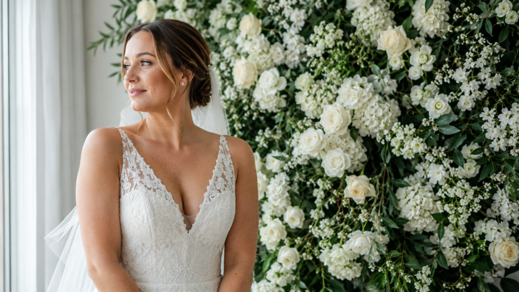 backdrop para casamento floral com noiva em ângulo frontal em cerimônia elegante com luz suave