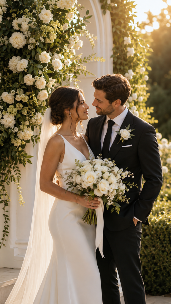 noivos em frente a backdrop de casamento com luz dourada se olhando em foto vertical