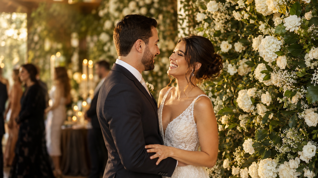 backdrop de casamento reutilizado na festa com casal sorrindo em golden hour e convidados ao fundo