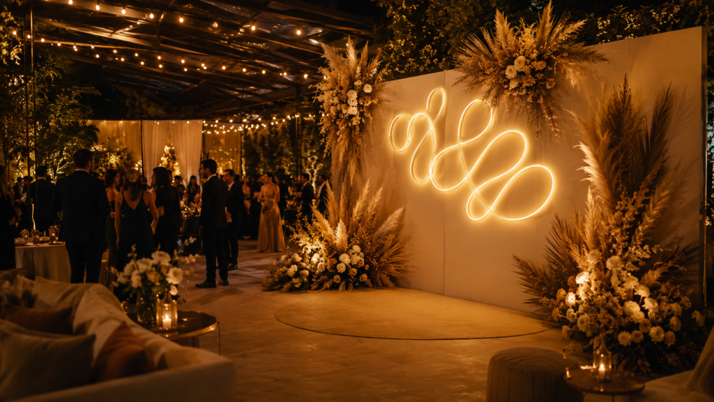 backdrop luminoso com letreiro de neon em festa de casamento noturna moderna