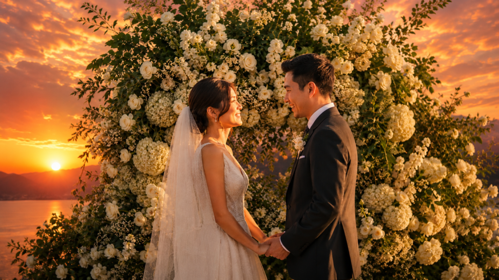 backdrop para casamento com painel floral atrás dos noivos em cerimônia ao ar livre