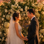 backdrop para casamento com painel floral atrás dos noivos em cerimônia ao ar livre